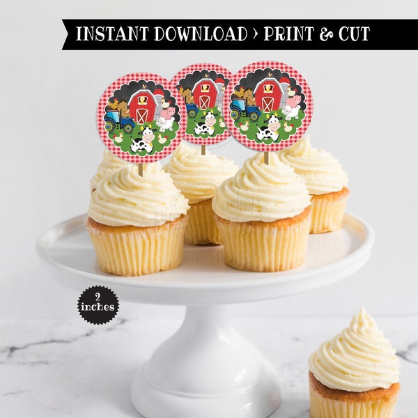 First Birthday Farm Animals Decoration, Farm Animla 2inches Cupcake Toppers, Farm Tractor, Red Barn Farm Animals Birthday Instant download