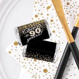 Mini carta per caramelle per il 90° compleanno: coriandoli neri e dorati (download immediato)