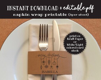 Napkin Wrap Printable, Merry Christmas, Printable Napkin Wrap, Napkin Ring, Dinner Table Instant Download - Editable PDF File -Edit yourself