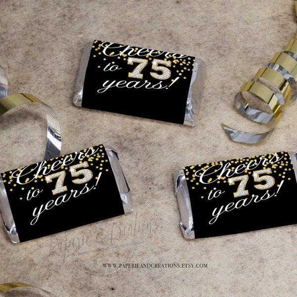 Mini Candy Bar Wrapper 75th birthday party, Cheers to 75 years Black Gold Confetti, Milestone Birthday Chocolate Bar Favor, Instant Download