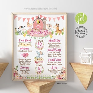 May include: A pink and green printable first birthday milestone poster with a farm theme. The poster features a watercolor illustration of a barn, animals, and flowers. The poster includes the child's name, Annabelle, and details about their first year, including their birthdate, weight, height, and favorite things.