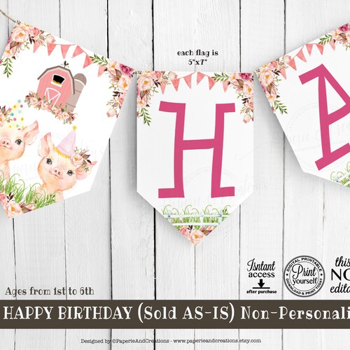 Pig Theme Birthday Banner - Pink Pig First Birthday Pennant, Cute Baby Room Decor, Reusable