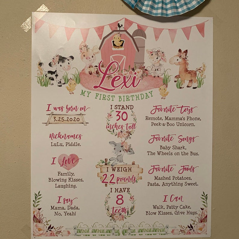 May include: A pink and green first birthday milestone poster with a farm theme. The poster features a girl's name, Lexi, and details about her first year, including her birthdate, height, weight, and number of teeth. The poster is decorated with illustrations of farm animals, flowers, and a pink barn.