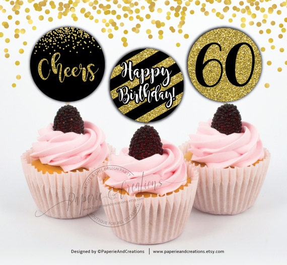 Cupcake Toppers 60th Birthday Cheers To 60 Years Gold And Etsy