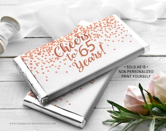 Prost auf 65 Jahre Geburtstag Candy Bar Wrapper, 60. Geburtstagsparty, Geburtstag Candy Favor, Rose Gold Konfetti, verkauft wie besehen, Instant Download