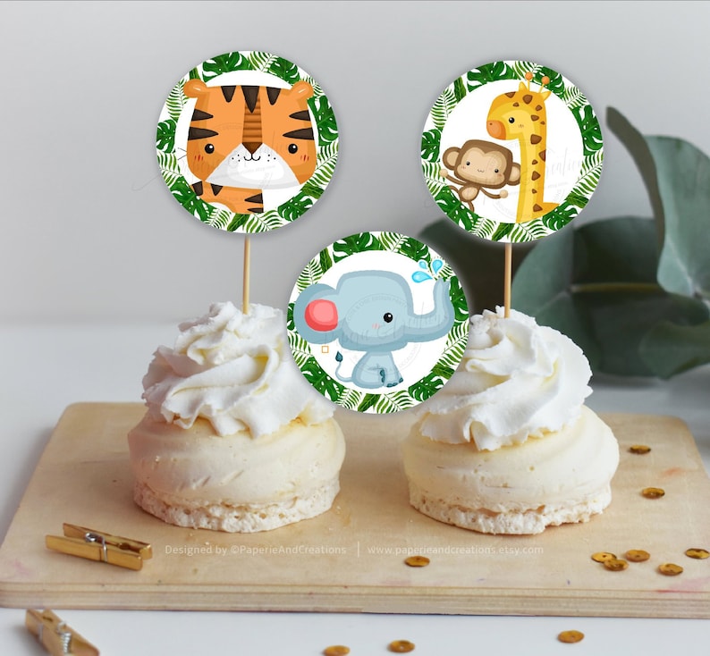 Safari Baby Shower Theme,First Safari Birthday,Wild Animals Cupcake Toppers,Monkey,Elephant,Tiger Tropical Leaves,Printable,Instant download
