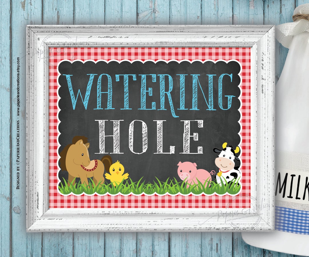 Watering Hole Sign, Farm Birthday Sign, Party Signs, Red Gingham, Chalkboard, Cow, Chick, Horse ...
