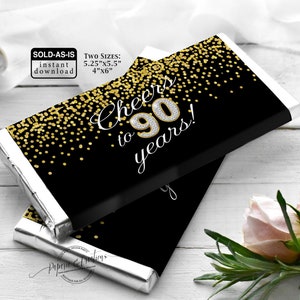 Cheers to 90 Years Birthday Candy Bar Wrapper - 90th birthday party - Milestone Birthday Party Favor - Black Gold Confetti Instant Download