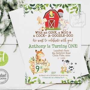 First Birthday Red Barn Farm Animals Invitation, Boy Farm Animals Birthday Party Invitation, Greenery Farm Animal Editable at JetTemplate