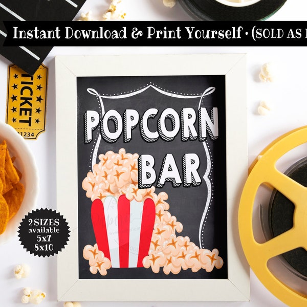 Popcorn Bar Sign, Cinema Party Sign, Snack Food Bar Birthday Party, POP Corn Chalkboard, Movie Theme Party Printable, Instant download