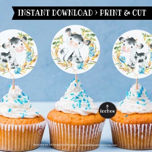 Cow Birthday Party Cow Baby BOY Baby Shower First Farm Animal Birthday Party Cupcake Toppers, 1 Set of 3 Designs Printable Instant download