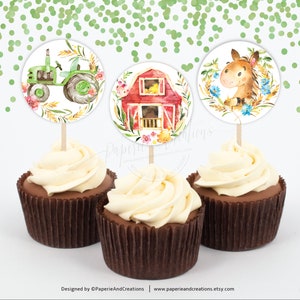 Farm Cupcake Toppers, Green Tractor, Horse, Barnyard Cupcake Toppers, First birthday Party,Baby Shower, Outdoor, Printable, Instant download