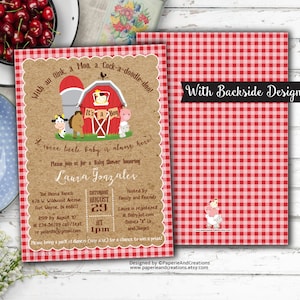 Invito per baby shower Barnyard - Invito per baby shower animali da fattoria - È un maschietto - Vichy rosso - Tema Old McDonald - File digitale - Kraft