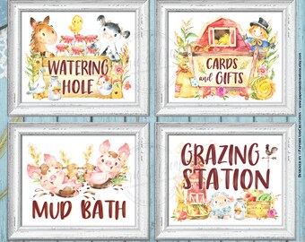 Watering Hole Sign, Grazing Station, Cards and Gifts, Mud Bath, Pack of 4 Printable Signs Farm Animals Party, Printable, Instant Download