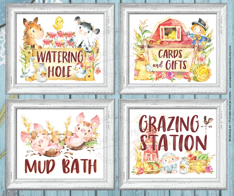 Mud Bath Pack of 4 Printable Signs Farm Animals Party Grazing Station Watering Hole Sign Printable Instant Download Cards and Gifts