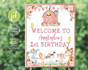 Pink Farm Animal 1st Birthday Welcome Sign: Floral Template (Digital Download)