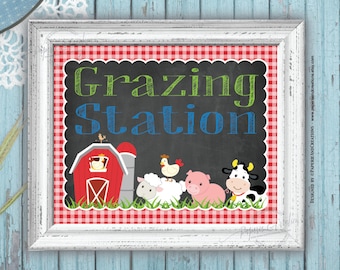 Farm Animals Party Sign: Red Gingham Grazing Station (Printable Instant Download)
