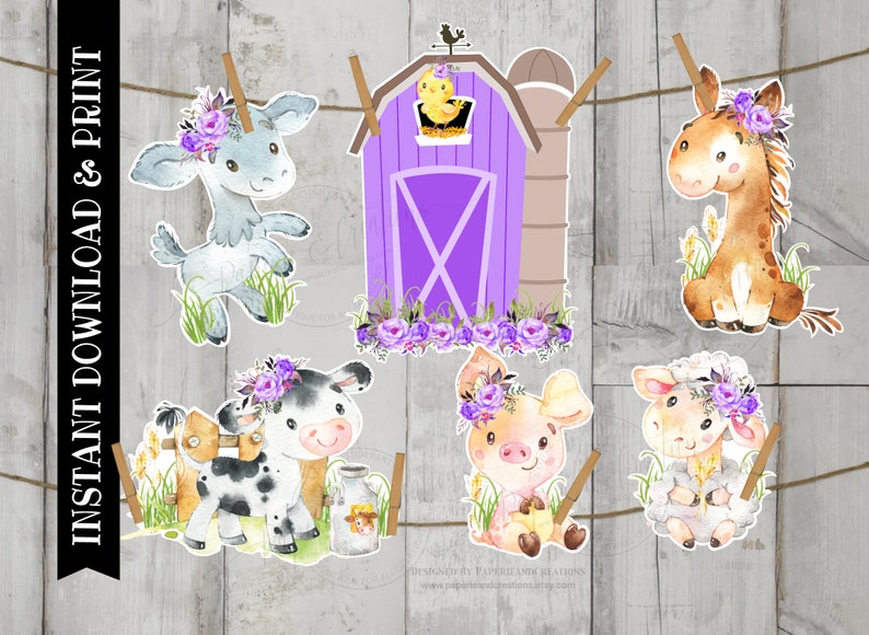 Girl First Birthday,Pig,Cow,Sheep,Goat,Horse Lavender Farm centerpiece Large Farm Animals Birthday Decor Printable Purple Barnyard