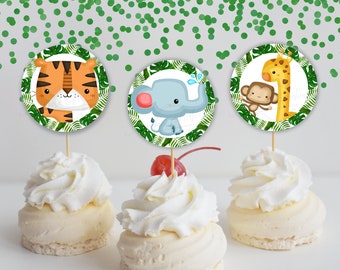Safari Baby Shower Theme,First Safari Birthday,Wild Animals Cupcake Toppers,Monkey,Elephant,Tiger Tropical Leaves,Printable,Instant download