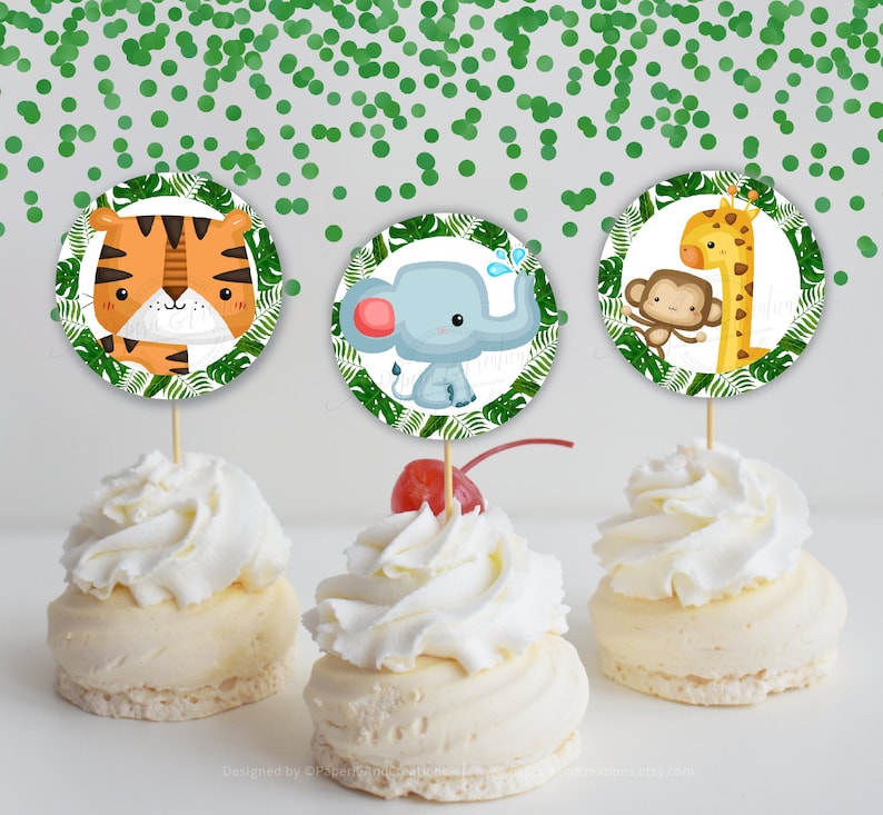 Safari Baby Shower Theme,First Safari Birthday,Wild Animals Cupcake Toppers,Monkey,Elephant,Tiger Tropical Leaves,Printable,Instant download