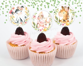 Farm Animal Cupcake Toppers: Girl Baby Shower, First Birthday (Printable, Instant Download)