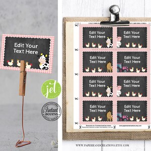 Editable Pink Gingham Farm Food FLAT Cards, Farm Food Signs, Pink birthday Food Labels, Pink Tractor Food Cards, Template with Jettemplate