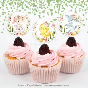 Baby Girl Farm Baby Shower Thema, erste Bauernhof Geburtstagsparty, Bauernhof Tiere Cupcake Toppers, Schaf, Küken, Ziege, Blume, druckbar, sofort Download