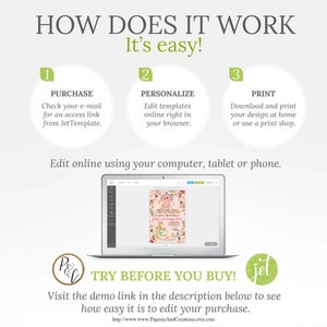 May include: A graphic showing how to use a digital template. The steps are: 1. Purchase, 2. Personalize, 3. Print. The graphic shows a laptop screen with a pink and green floral design. The text on the graphic says "Try Before You Buy! Visit the demo link in the description below to see how easy it is to edit your purchase."