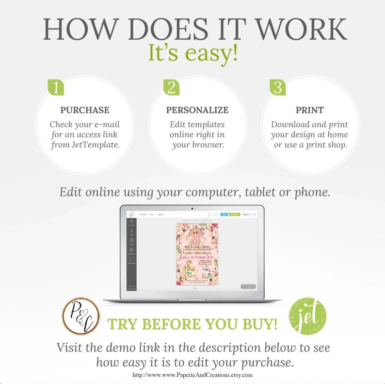 May include: A graphic showing how to use a digital template. The steps are: 1. Purchase, 2. Personalize, 3. Print. The graphic shows a laptop screen with a pink and green floral design. The text on the graphic says "Try Before You Buy! Visit the demo link in the description below to see how easy it is to edit your purchase."