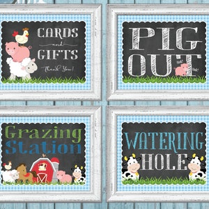 Placa de bebedouro, Pig Out, Estação de pastagem, Cartões e presentes, Pacote com 4 placas para impressão Festa de animais de fazenda, Gingham azul, Download instantâneo