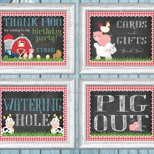 Bundle-Set von 4, Schild, Watering Hole, Schwein, Dankeschön-Schild (PERSONALISIERT), Karten und Geschenke, 4er-Pack Schilder, Farmtiere Party, Printable
