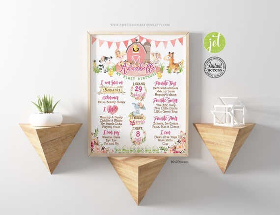 Pink Farm Animal First Birthday Milestone Poster: Editable Template (JetTemplate)