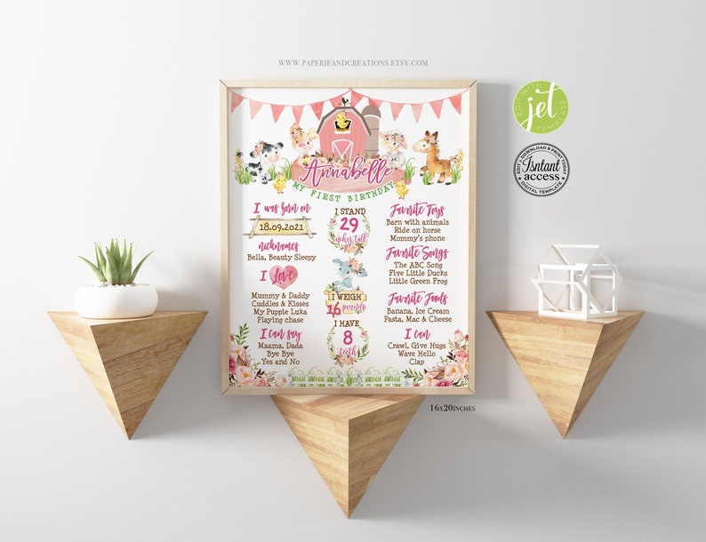 May include: A pink and green printable first birthday milestone poster with a farm theme. The poster features a watercolor illustration of a barn, animals, and flowers. The poster includes the child's name, Annabelle, and details about their first year, including their birthdate, weight, height, and favorite things.