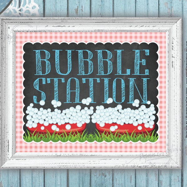 Bubble Station Sign - Farm Animals Birthday Sign  - Pink Gingham - Baby Shower Party Signs - Wall Art Print - Printable - Instant download