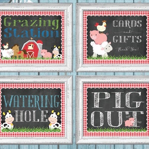 Placa de bebedouro, Pig Out, Estação de pastagem, Cartões e presentes, Pacote com 4 placas para impressão Animais de fazenda Xadrez vermelho Download instantâneo, PDF