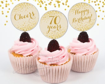 Cupcake Toppers 70th Birthday - Cheers to 70 years - Cream and Gold - Centerpiece - Printable - Instant download