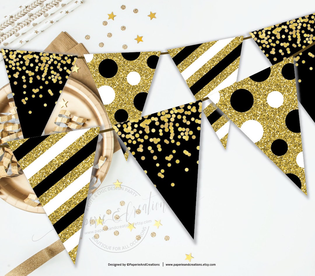 Graduation Banner Gold, Black and White Bunting Milestone Birthday Faux ...