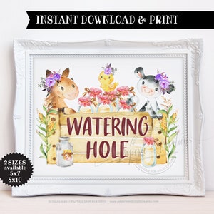 Watering Hole Sign, Farm Birthday Sign, First Birthday Girl, Purple Flowers, Farm Party Signs, Floral Farm, Printable Sign, Instant download
