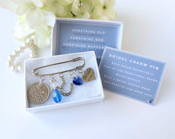 Bridal Charm Pin Lucky Sixpence Charm Something Old New Borrowed And Blue Gift Keepsake Hen Party Gift