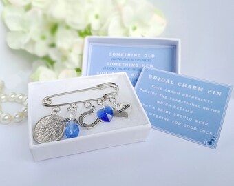 Bridal Charm Pin Lucky Sixpence Charm Something Old New Borrowed And Blue Gift Keepsake Hen Party Gift