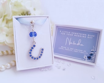 Something blue for bride bouquet, lucky horseshoe charm