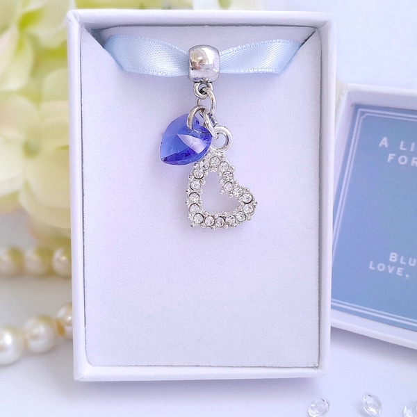 Quelque chose de bleu pour bouquet de mariée, breloques coeur en verre strass et cristal, breloque bouquet de mariée