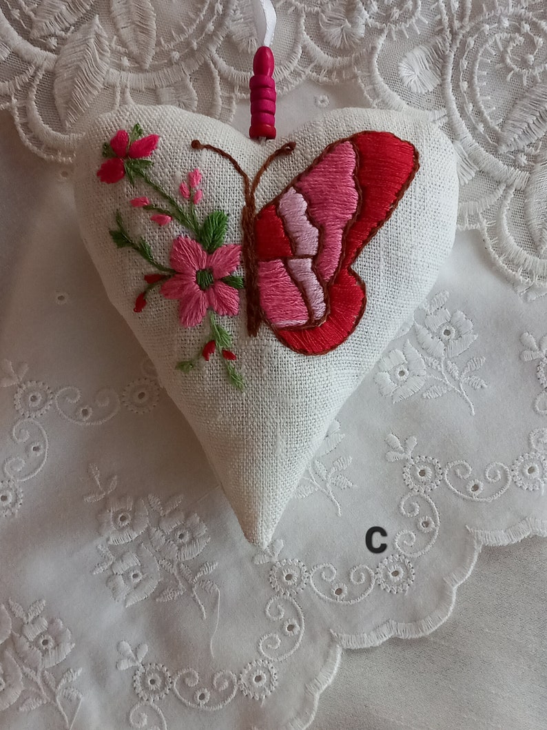 Handembroidered Textile Hearts butterflies Soft Ornaments Home Decor