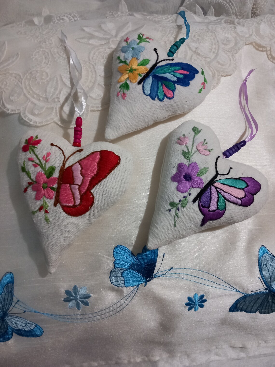 Handembroidered Textile Hearts butterflies Soft Ornaments Home Decor