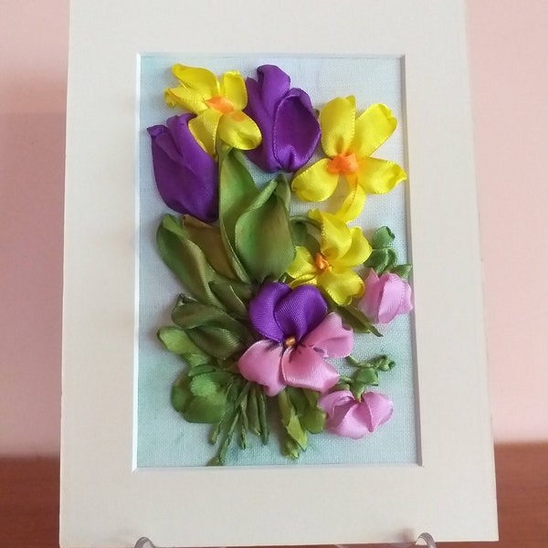 Framed embroidered greeting card  / spring flowers  / ribbon art  / gift -surprise.