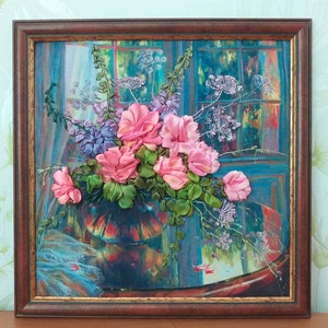 Vase with flowers /Ribbon work / framed embroidery /wall decor /home decor /gift for mom