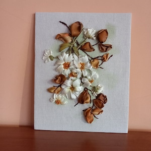 Ribbon embroidered bouquet of daisies autumn bouquet home decor no frame