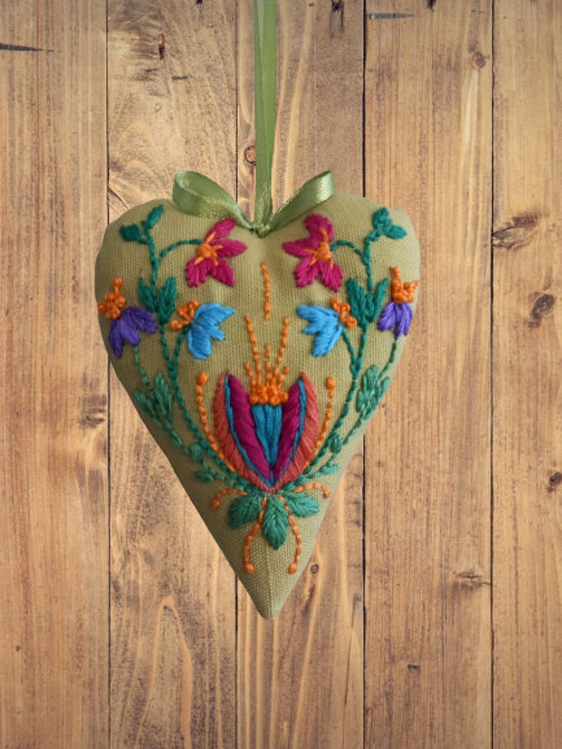 Green Embroidered Heart Ethno-boho Heart Spring Heart Textile Heart for ...