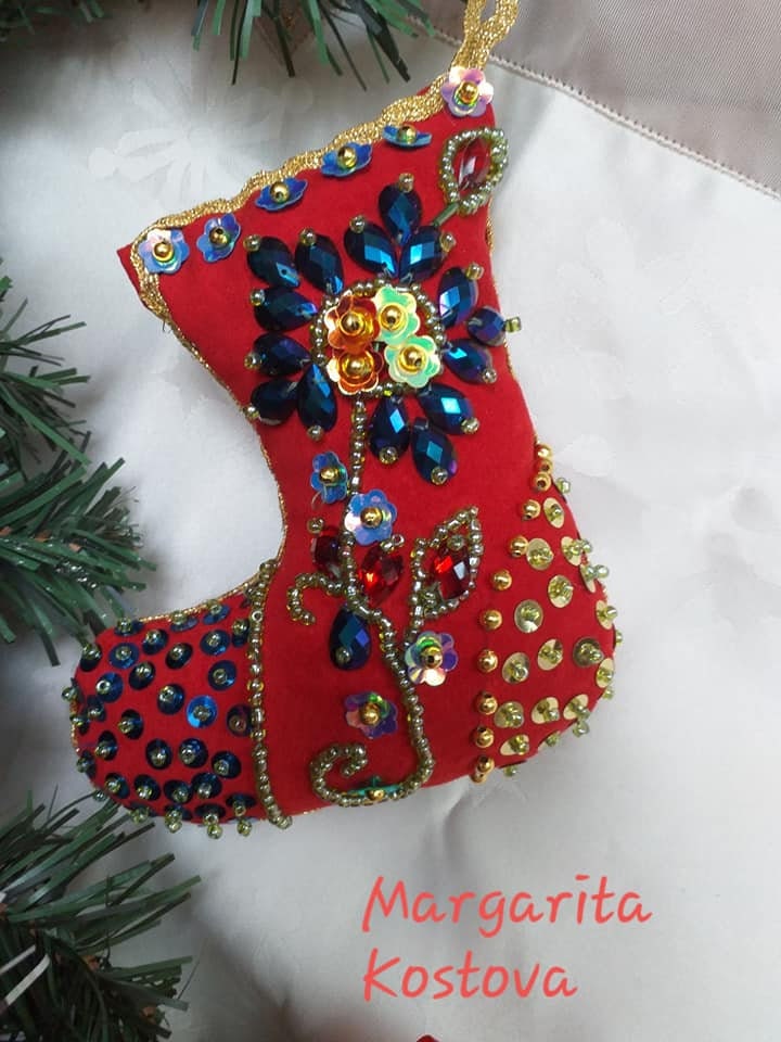 Christmas Boot /Red /100% Hand Made /Wall Decoration /Beads /Christmas Boot