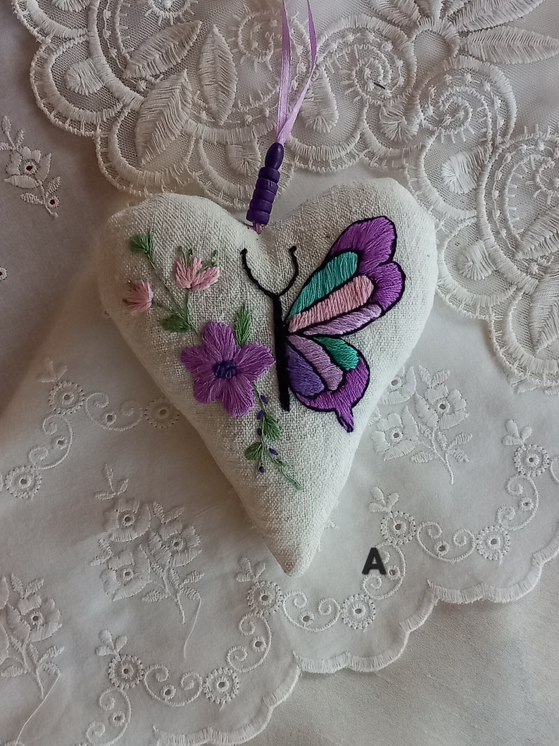 Handembroidered Textile Hearts butterflies Soft Ornaments Home Decor